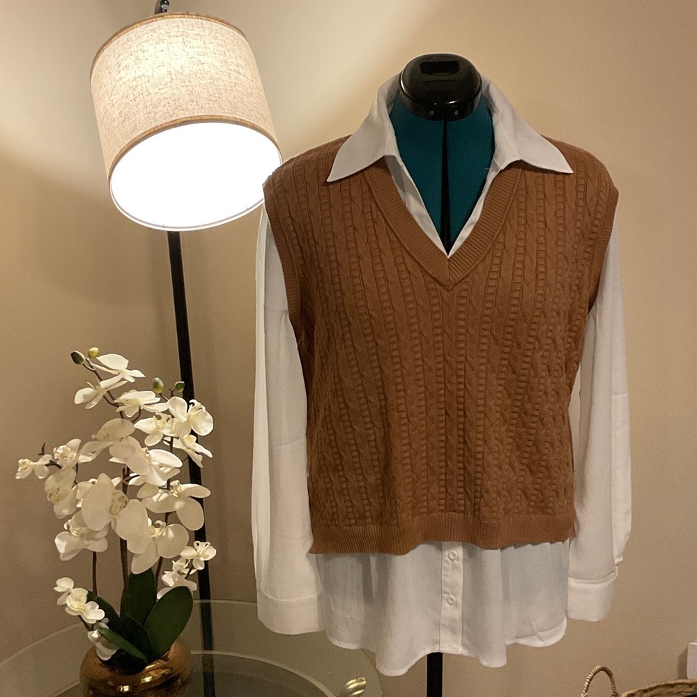Adrianna Papell Brown Cable Knit Vest with White Blouse